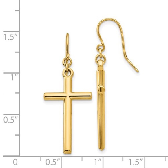 14k Yellow OR White Gold Tubular Cross Shepherd Hook Dangle Drop Earrings - Picture 3 of 8